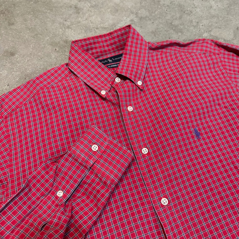 Ralph Lauren Button Down Shirt Mens L Red Plaid Classic Fit LS Pony Logo Preppy